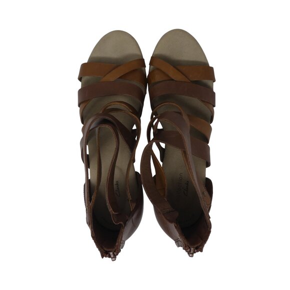 Clarks Valarie Dream Brown Leather Criss Cross Open Toe Heeled Sandals Womens 10 - Picture 7 of 13
